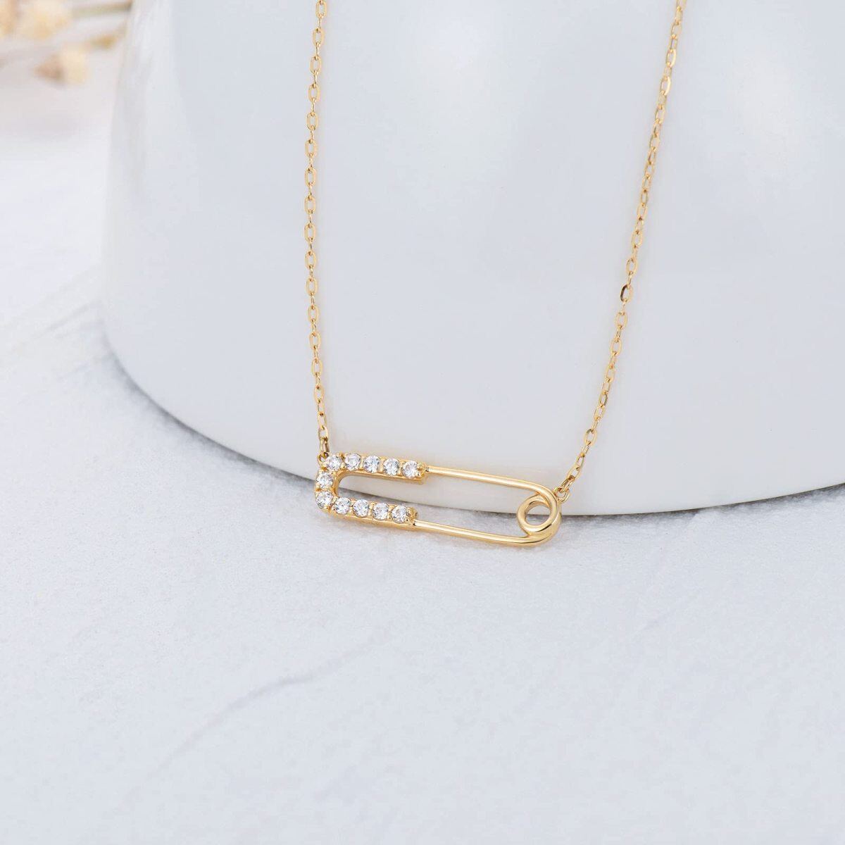 14K Gold Circular Shaped Cubic Zirconia Paper Clip Pendant Necklace-3