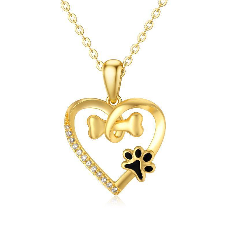 Collar con colgante de corazón de hueso y pata de circonita cúbica circular de oro de 14 quilates para mujer-1