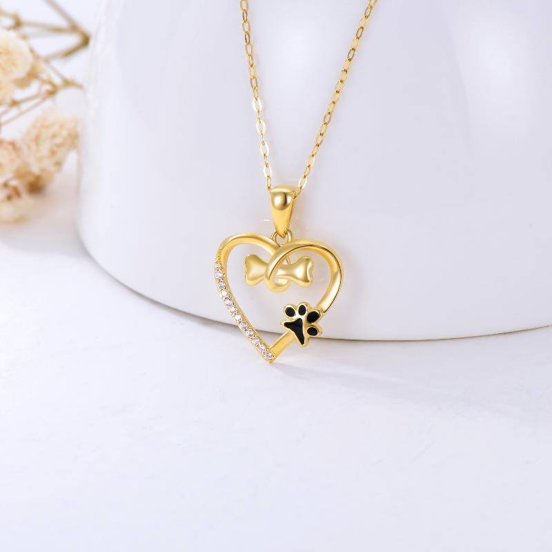 14K Gold Circular Cubic Zirconia Paw With Bone Heart Pendant Necklace For Women-3