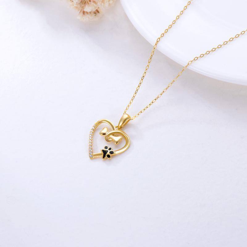 14K Gold Circular Cubic Zirconia Paw With Bone Heart Pendant Necklace For Women-4