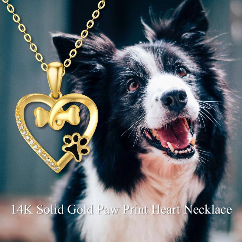 10K Gold Circular Cubic Zirconia Paw With Bone Heart Pendant Necklace For Women-6