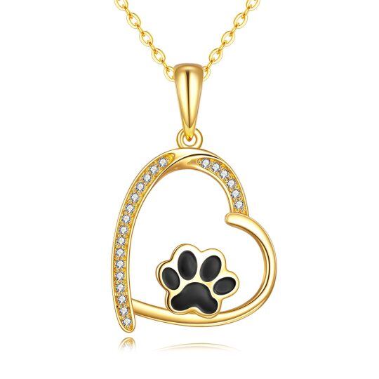 14K Gold Circular Shaped Cubic Zirconia Paw & Heart Pendant Necklace