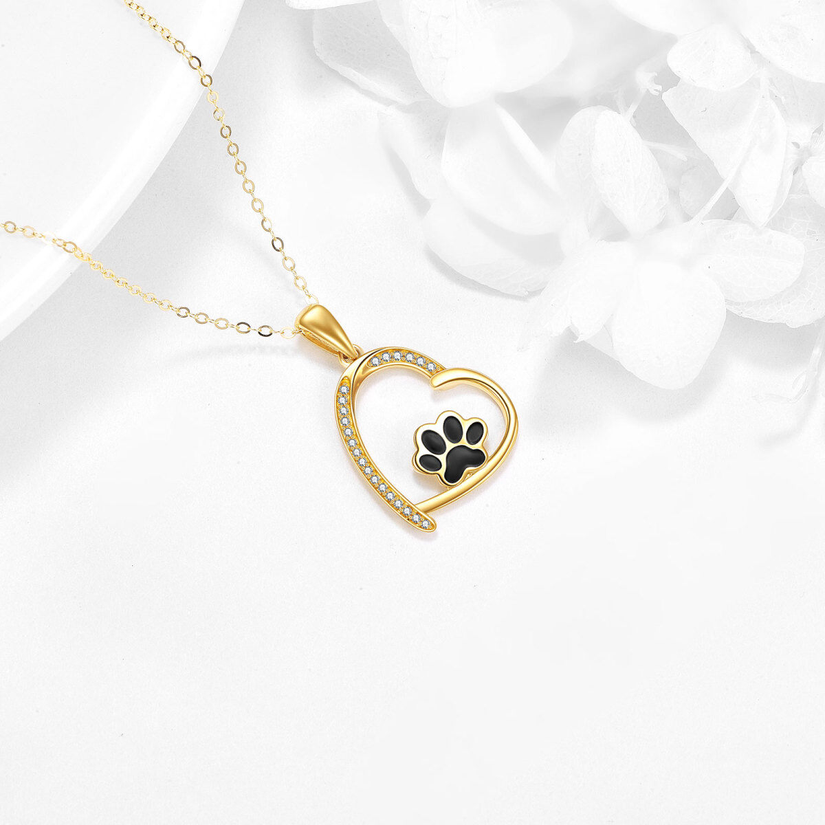 14K Gold Circular Shaped Cubic Zirconia Paw & Heart Pendant Necklace-3