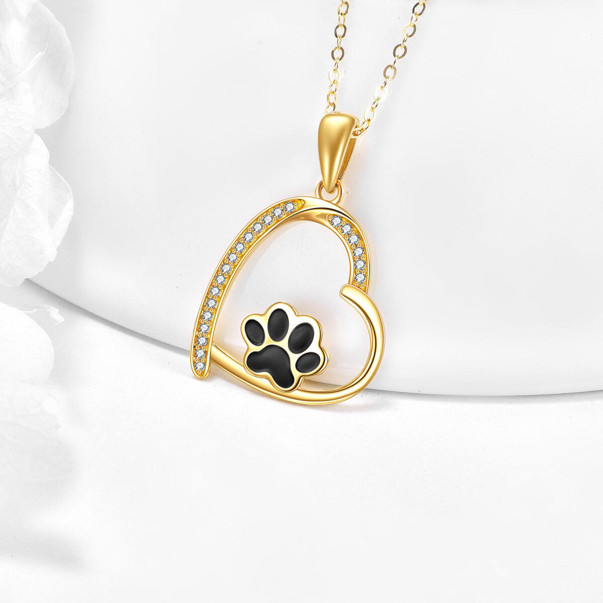 14K Gold Circular Shaped Cubic Zirconia Paw & Heart Pendant Necklace-4