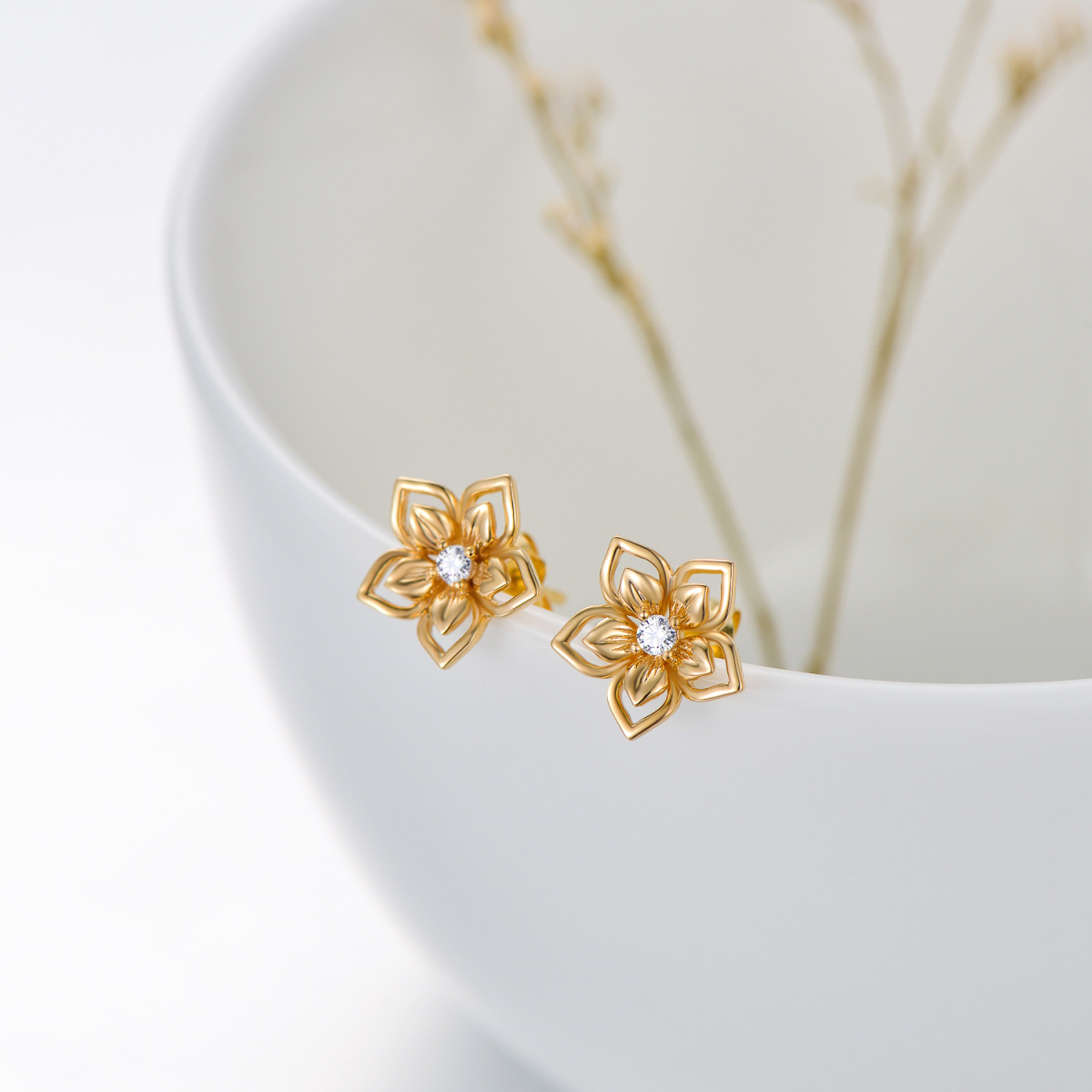 10K Gold Circular Shaped Cubic Zirconia Peach Blossom Stud Earrings-3