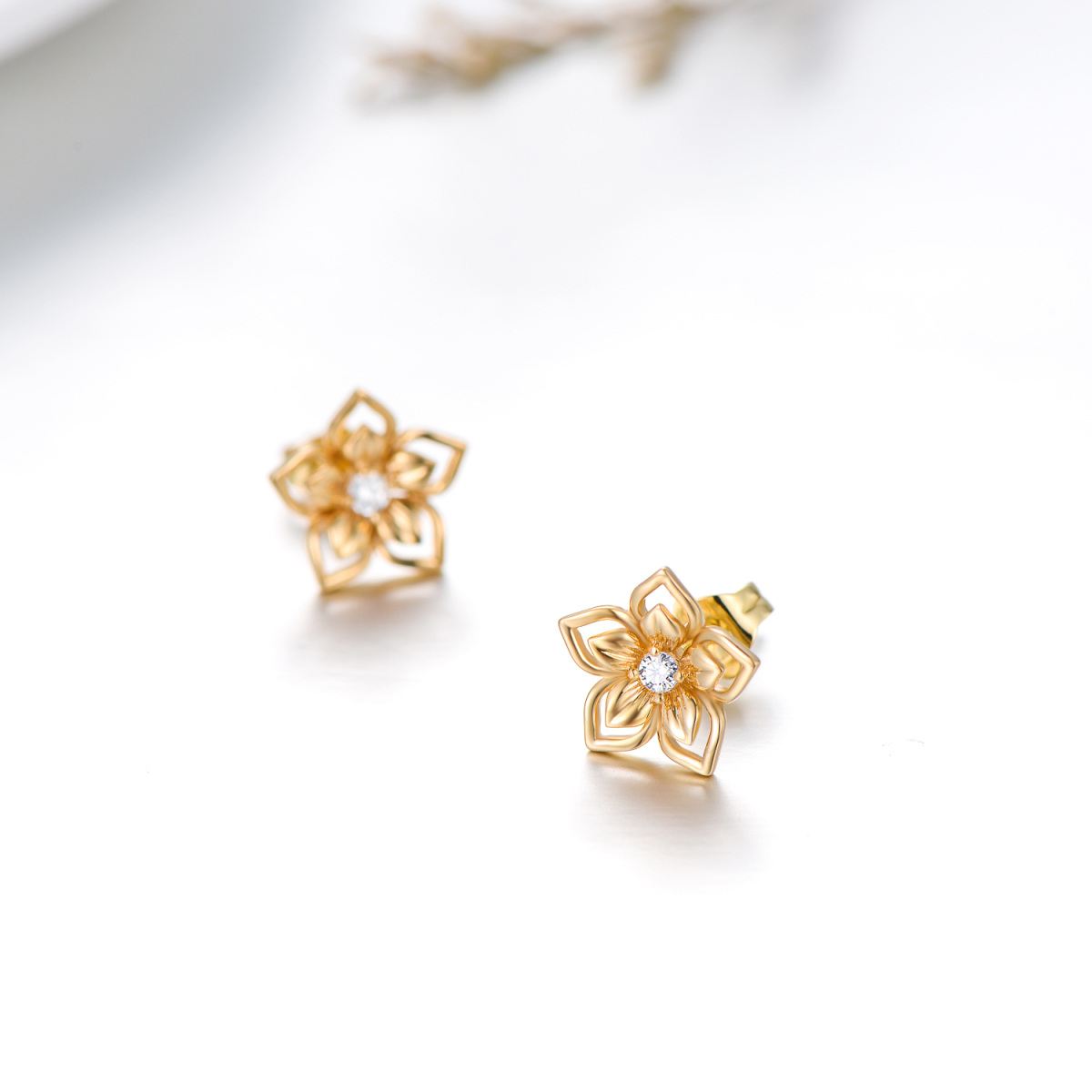 10K Gold Circular Shaped Cubic Zirconia Peach Blossom Stud Earrings-4