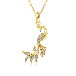 14K Gold Circular Shaped Cubic Zirconia Peacock Pendant Necklace-2