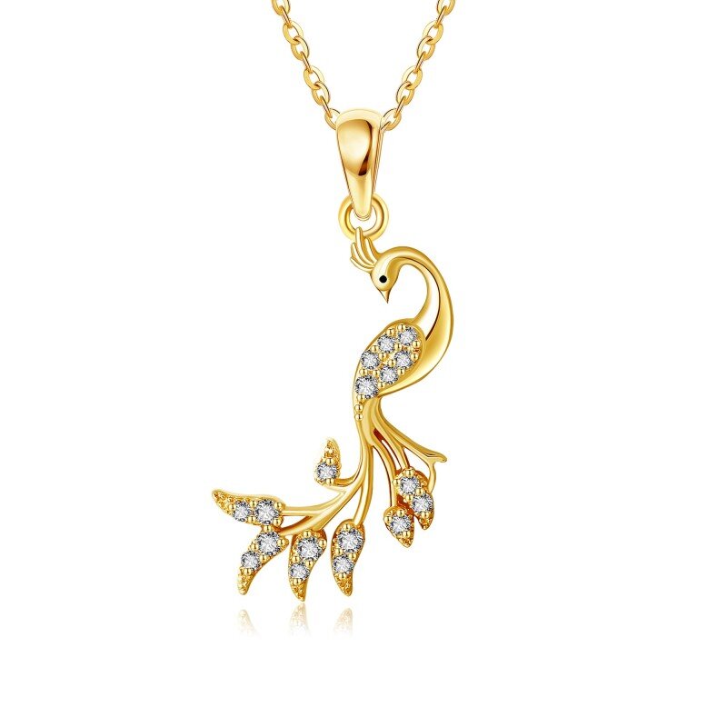 14K Gold Circular Shaped Cubic Zirconia Peacock Pendant Necklace-1