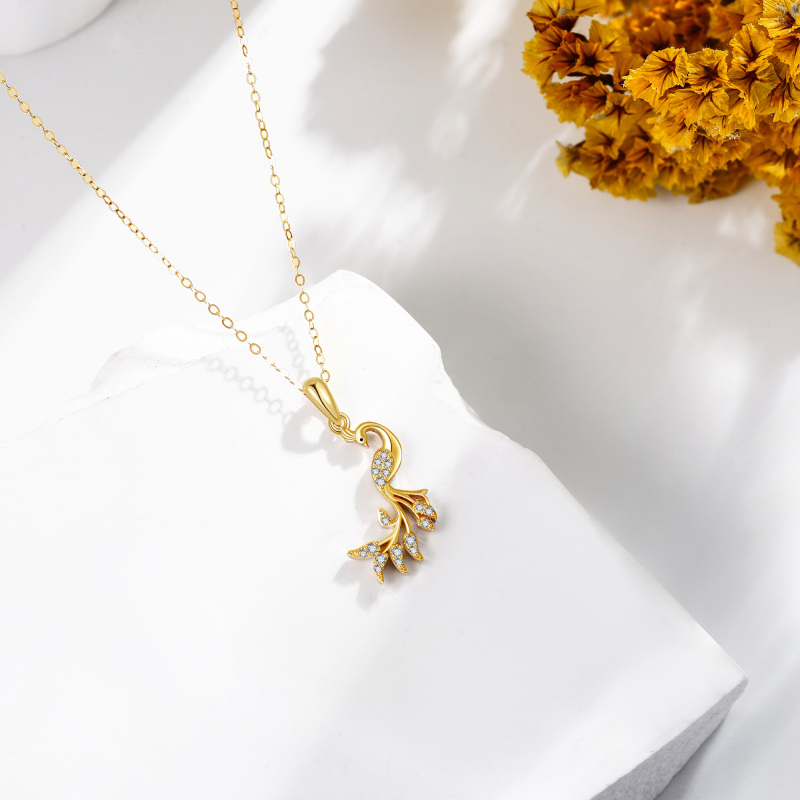 قلادة من الذهب الأبيض عيار 10 قيراط مرصعة بزركونيا مكعبة مقطوعة بشكل دائري على شكل طاووس-3