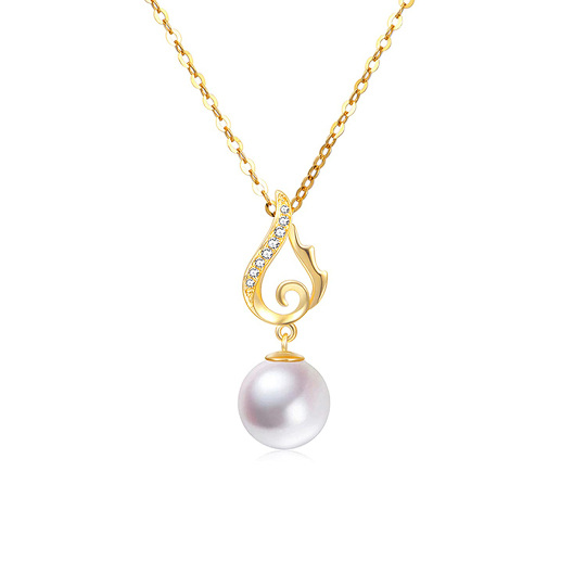 10K Gold Circular Shaped Pearl Angel Wing Pendant Necklace