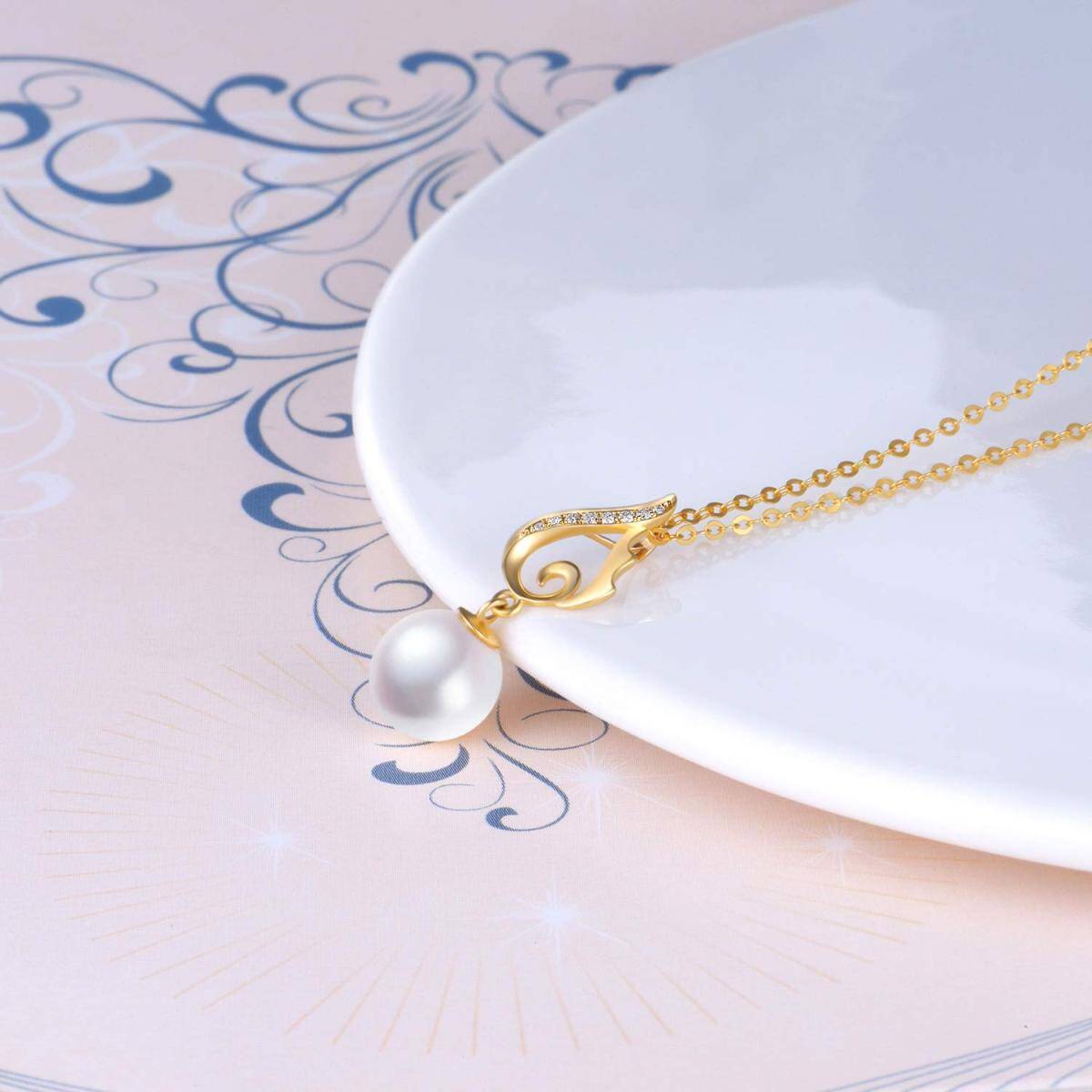 10K Gold Circular Shaped Pearl Angel Wing Pendant Necklace-3