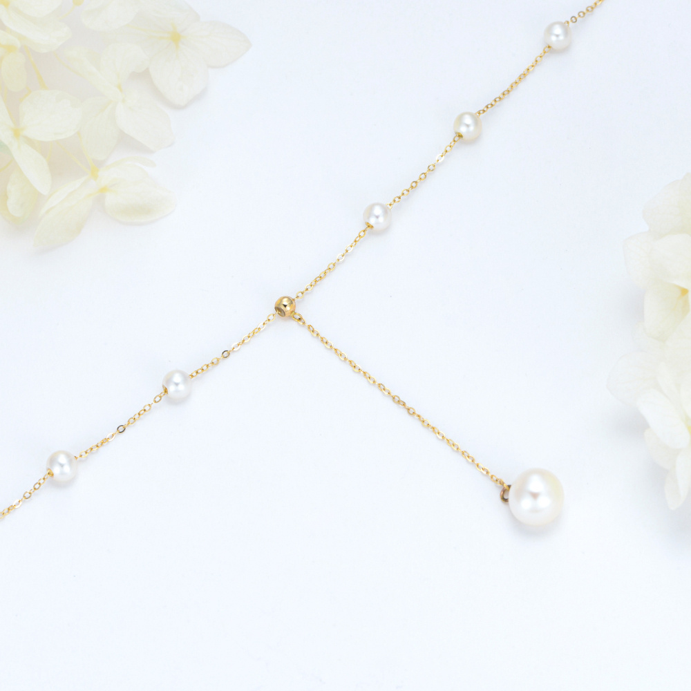 10K Gold Circular Shaped Pearl Bead Adjustable Y Necklace-4