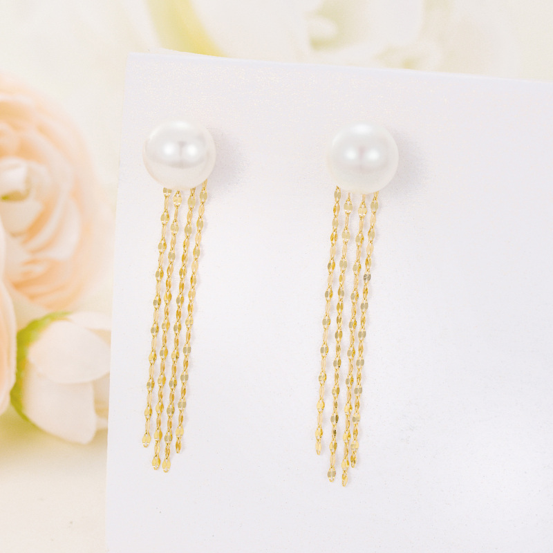 14K Gold Circular Shaped Pearl Bead Drop Earrings-3