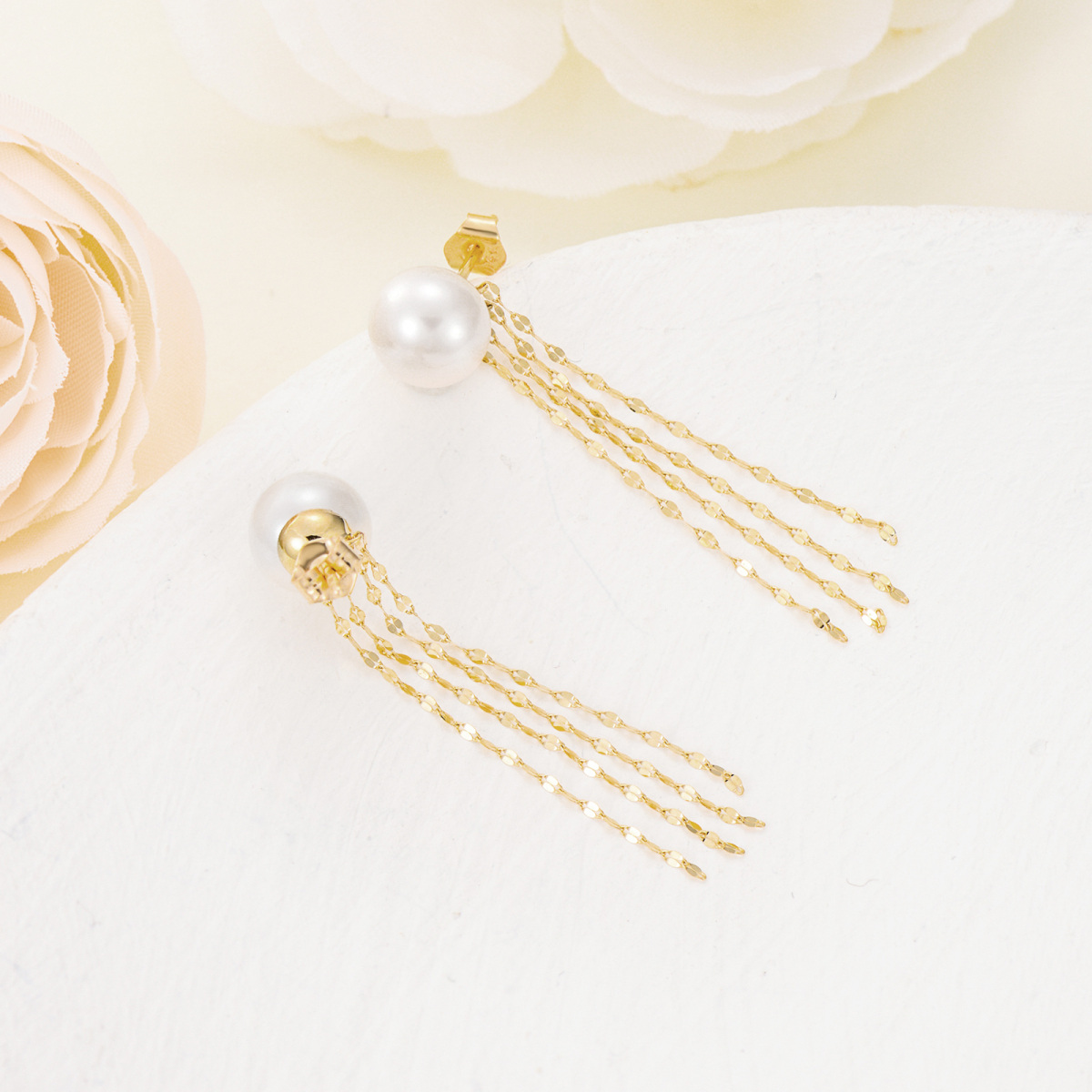 10K Gold Circular Shaped Pearl Bead Drop Earrings-4