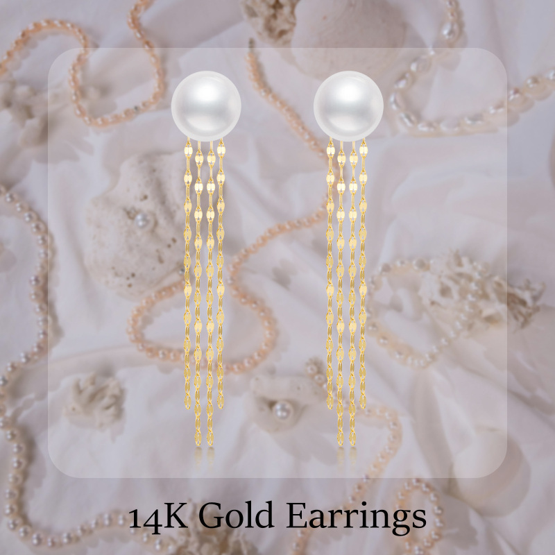 14K Gold Circular Shaped Pearl Bead Drop Earrings-5