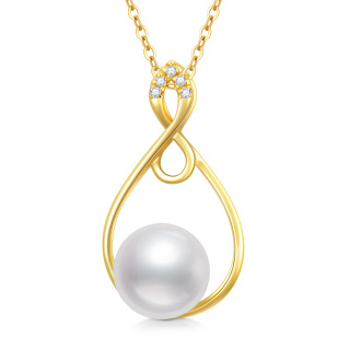 10K Gold Circular Pearl With Cubic Zirconia Infinity Symbol Pendant Necklace For Women-41