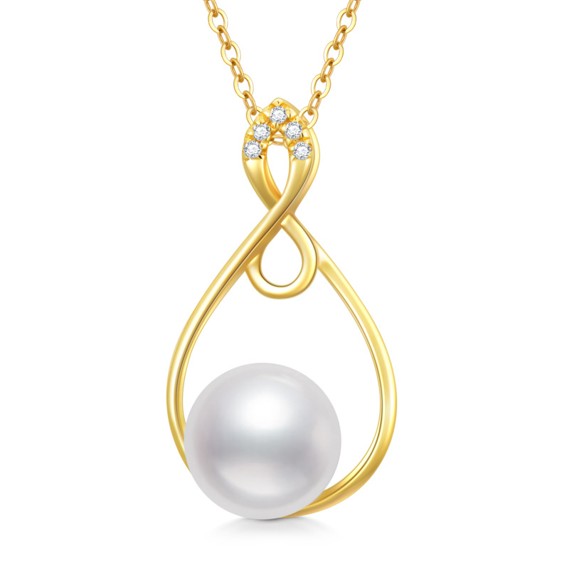 10K Gold Circular Pearl With Cubic Zirconia Infinity Symbol Pendant Necklace For Women-9