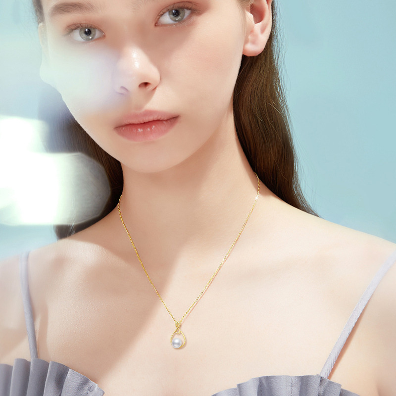 10K White Gold Round Cut Cubic Zirconia & Pearl Bead & Infinity Symbol Pendant Necklace-2