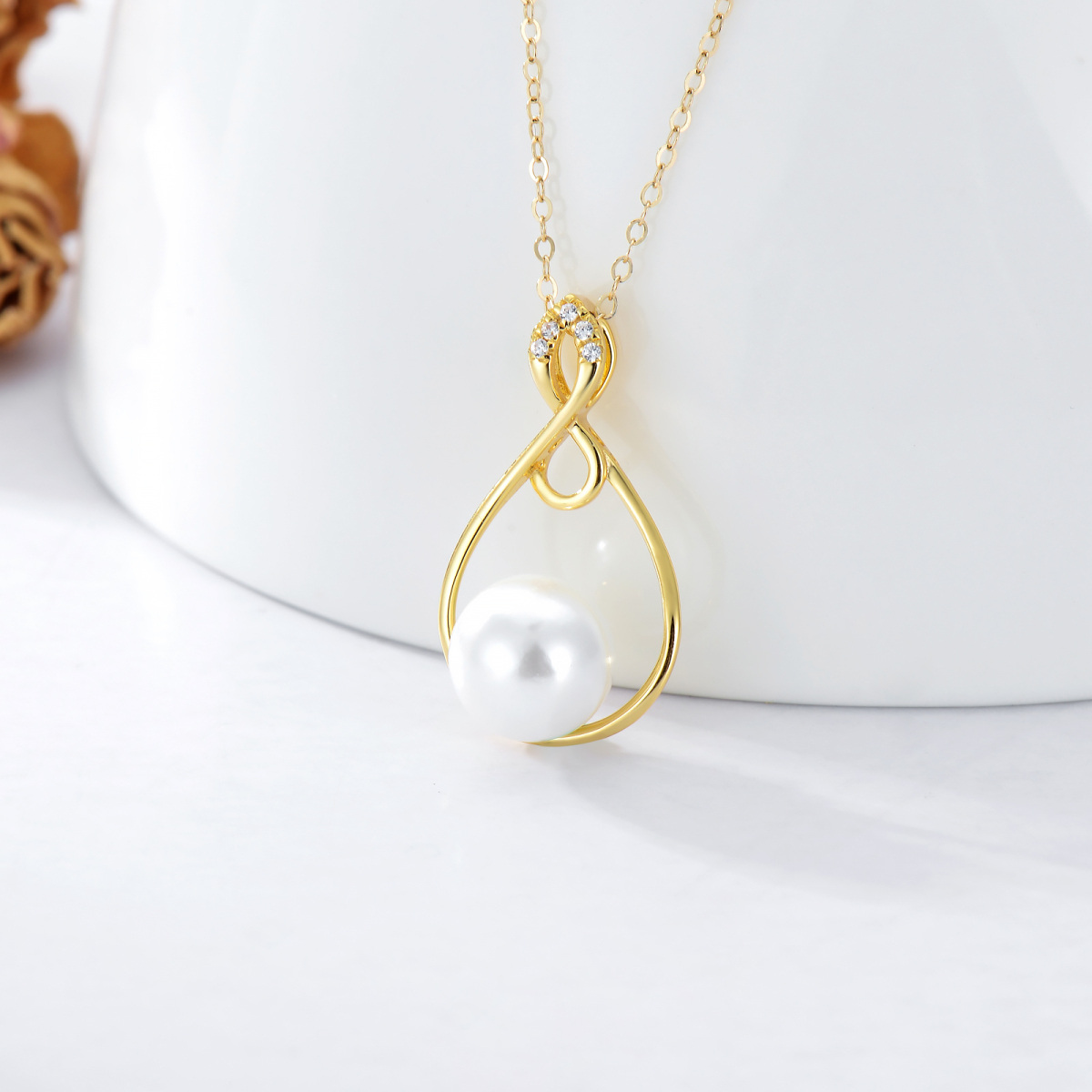 14K Gold Circular Pearl With Cubic Zirconia Infinity Symbol Pendant Necklace For Women-3