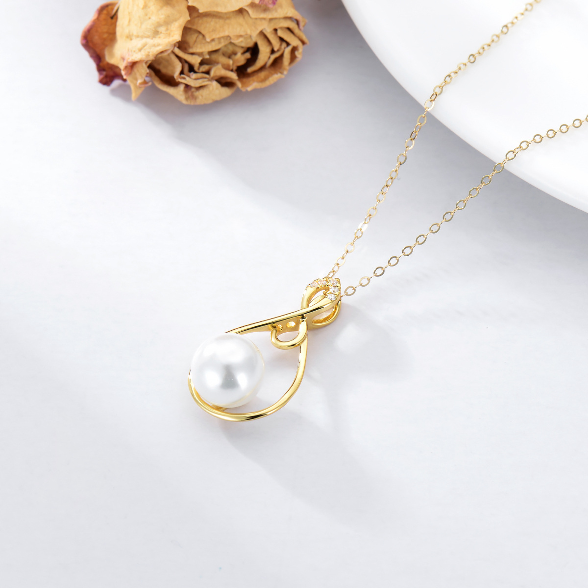 10K Gold Circular Pearl With Cubic Zirconia Infinity Symbol Pendant Necklace For Women-4