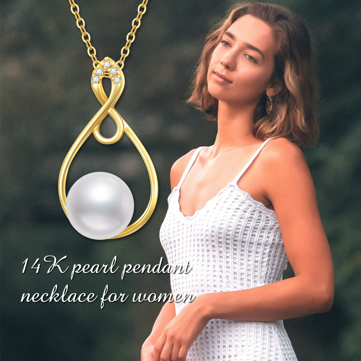 Pérola circular de ouro 14K com zircônia cúbica símbolo do infinito colar com pingente para mulheres-6