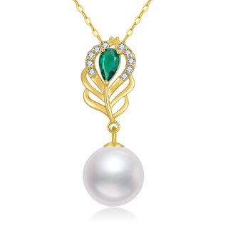 10K Gold Circular Shaped Pearl Bead & Peacock Feather Pendant Necklace-17