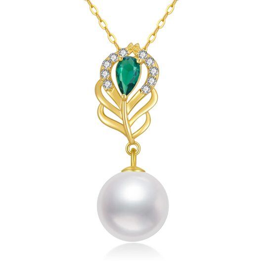 14K Gold Circular Shaped Pearl Bead & Peacock Feather Pendant Necklace