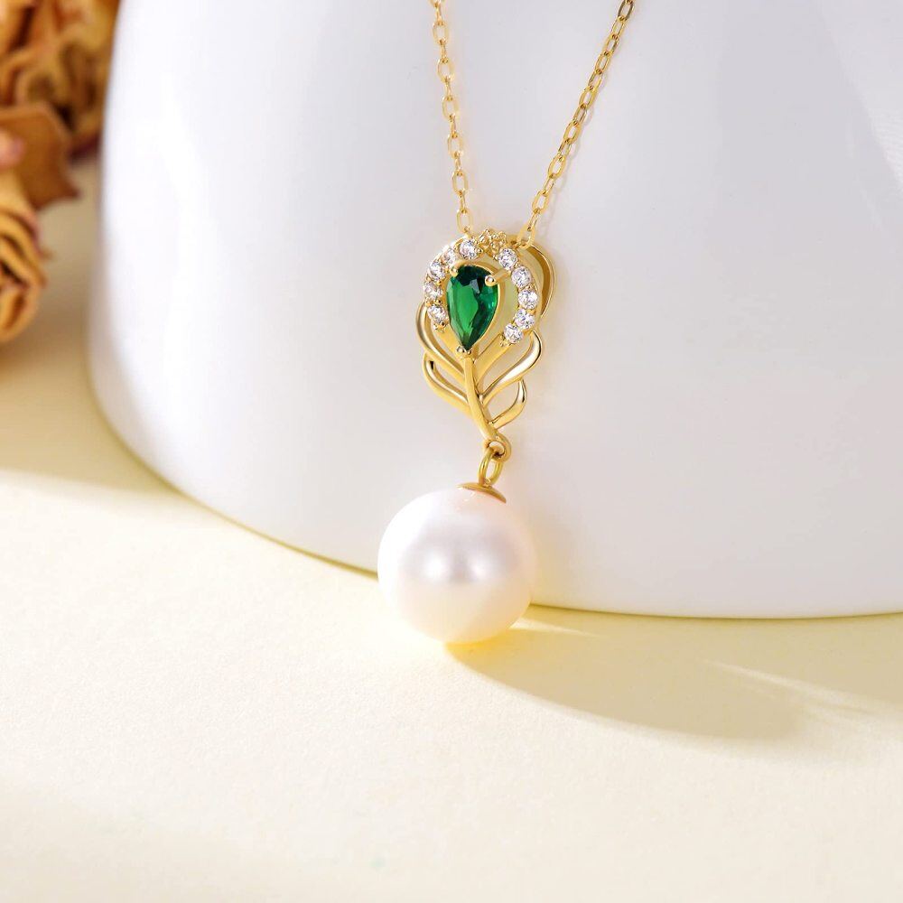 Collana in oro 10K con perle a forma circolare e ciondolo con piume di pavone-3