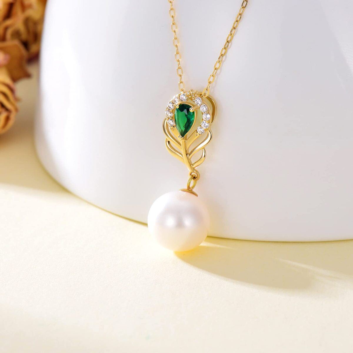 10K Gold Circular Shaped Pearl Bead & Peacock Feather Pendant Necklace-3