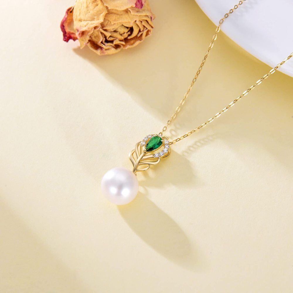 Collana in oro 10K con perle a forma circolare e ciondolo con piume di pavone-4