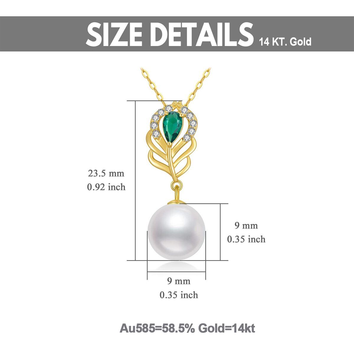 10K Gold Circular Shaped Pearl Bead & Peacock Feather Pendant Necklace-5