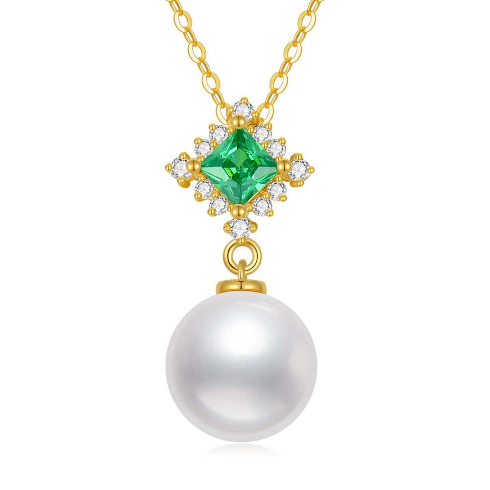 10K Gold Circular Shaped Cubic Zirconia & Pearl Bead Pendant Necklace-1