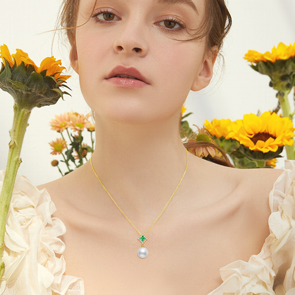 10K Gold Circular Shaped Cubic Zirconia & Pearl Bead Pendant Necklace-2