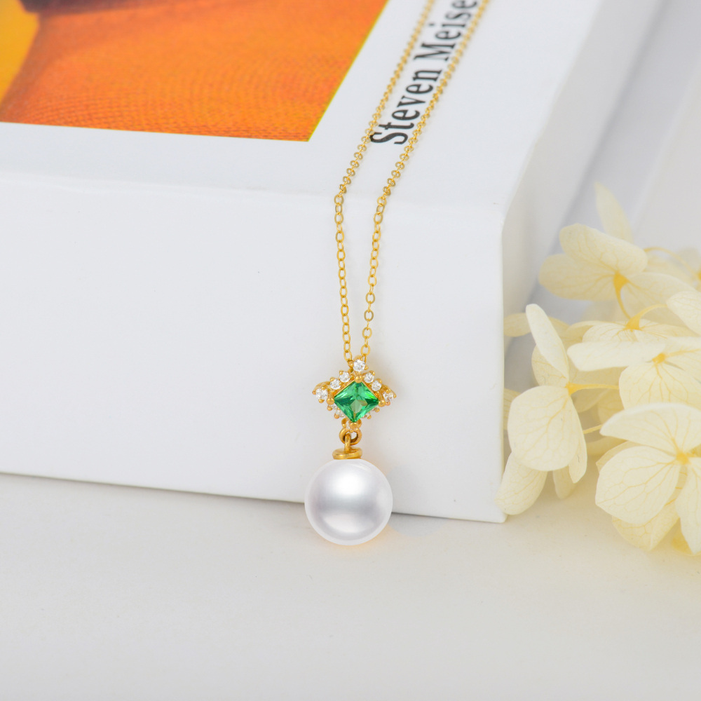10K Gold Circular Shaped Cubic Zirconia & Pearl Bead Pendant Necklace-3