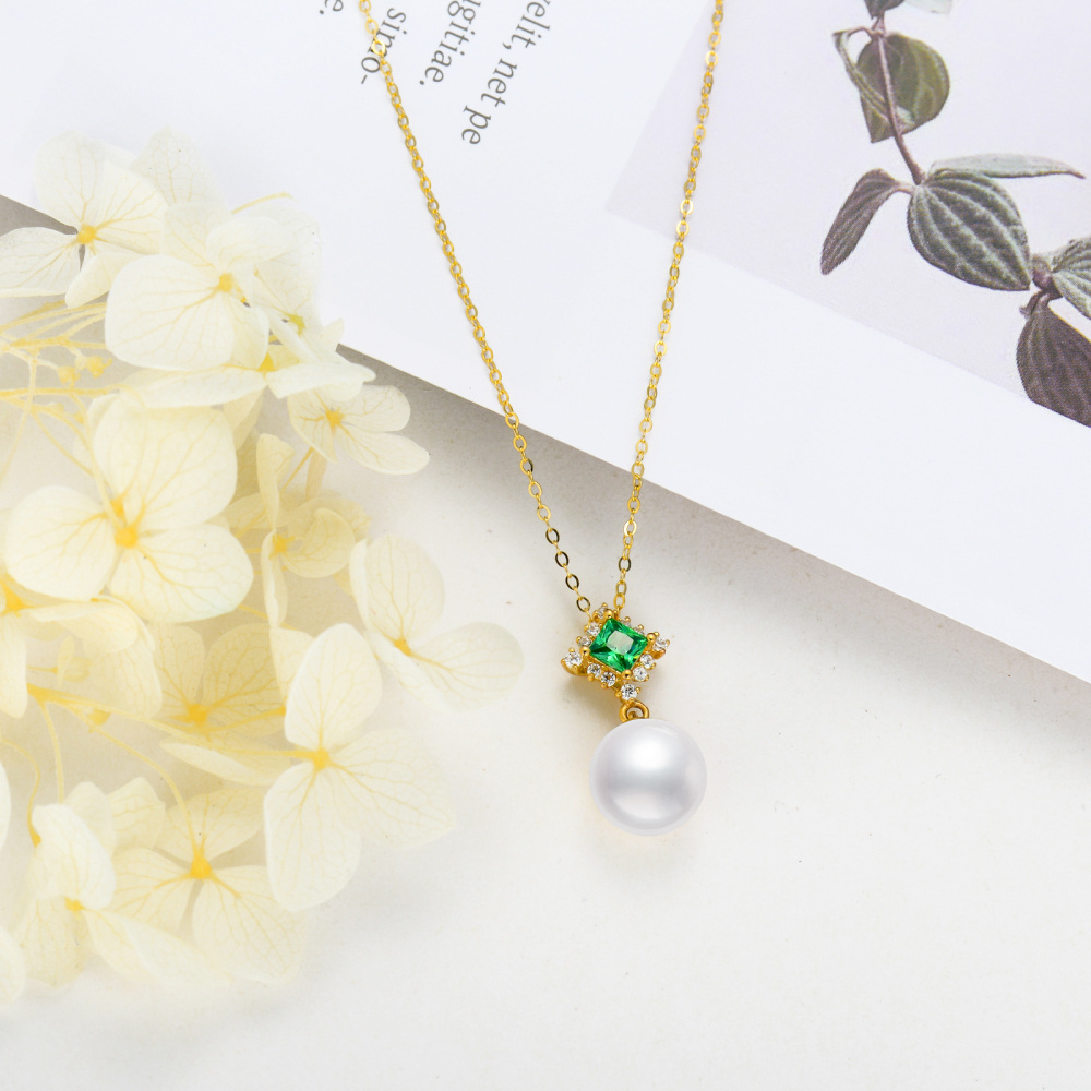 10K Gold Circular Shaped Cubic Zirconia & Pearl Bead Pendant Necklace-4
