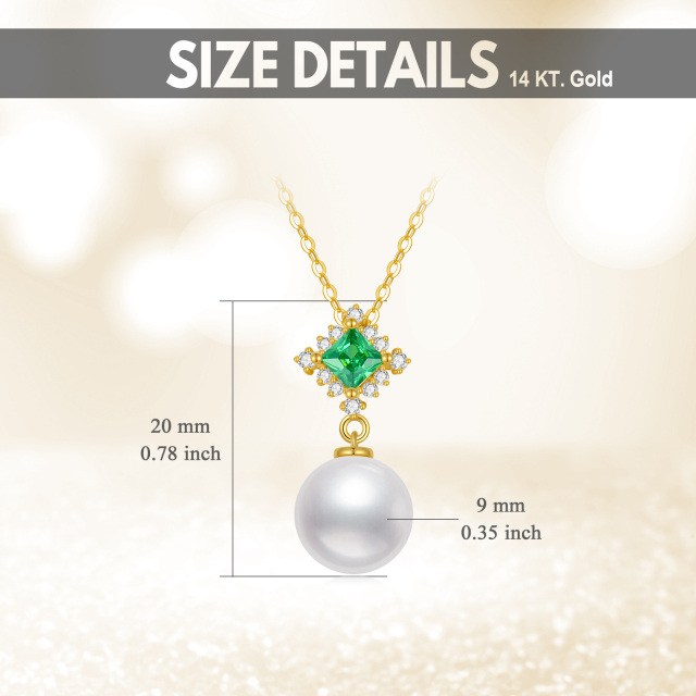 14K Gold Circular Shaped Cubic Zirconia & Pearl Bead Pendant Necklace-5