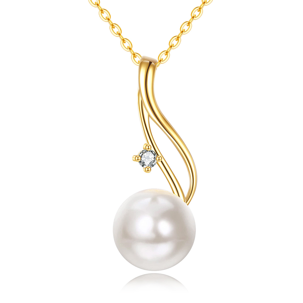 14K Gold Circular Shaped Cubic Zirconia & Pearl Bead Pendant Necklace-1