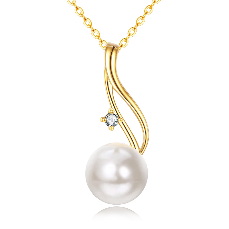 10K Gold Circular Shaped Cubic Zirconia & Pearl Bead Pendant Necklace-5