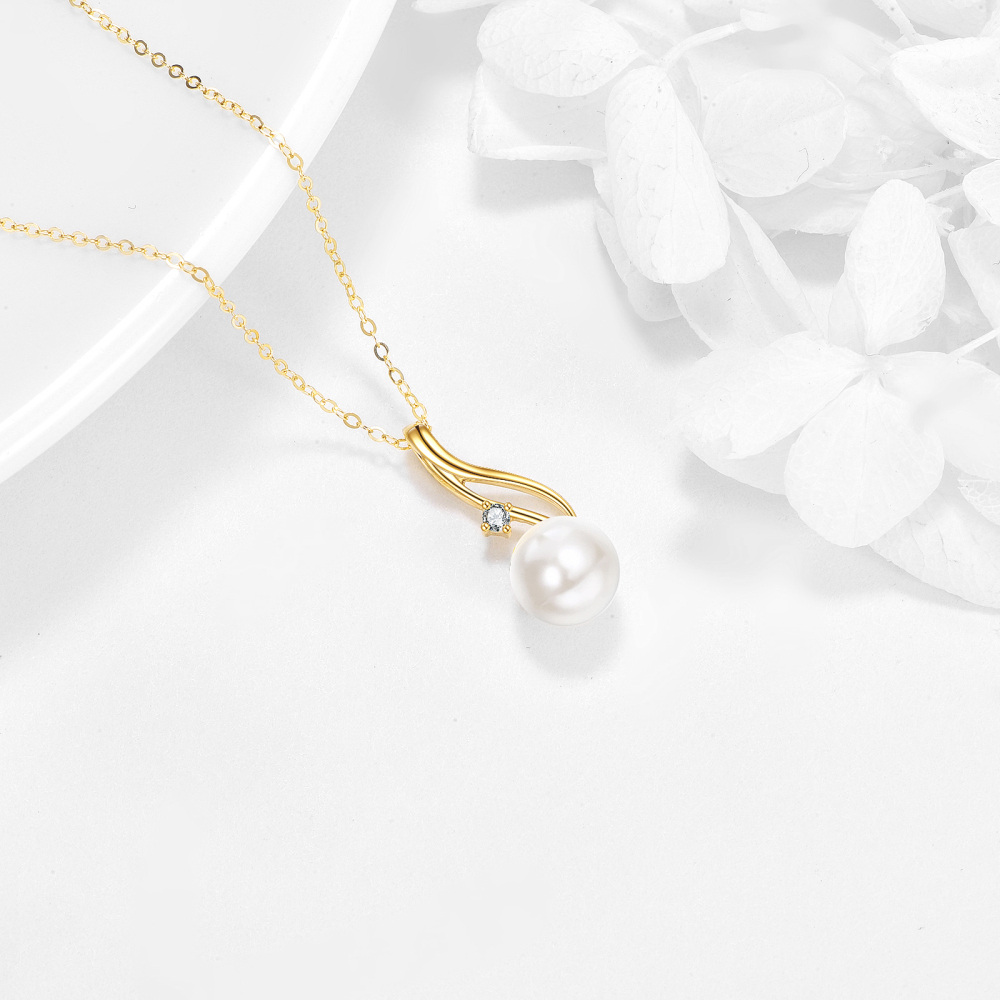 10K Gold Circular Shaped Cubic Zirconia & Pearl Bead Pendant Necklace-3