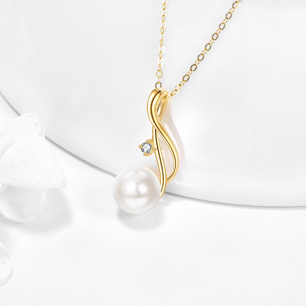 10K Gold Circular Shaped Cubic Zirconia & Pearl Bead Pendant Necklace-4