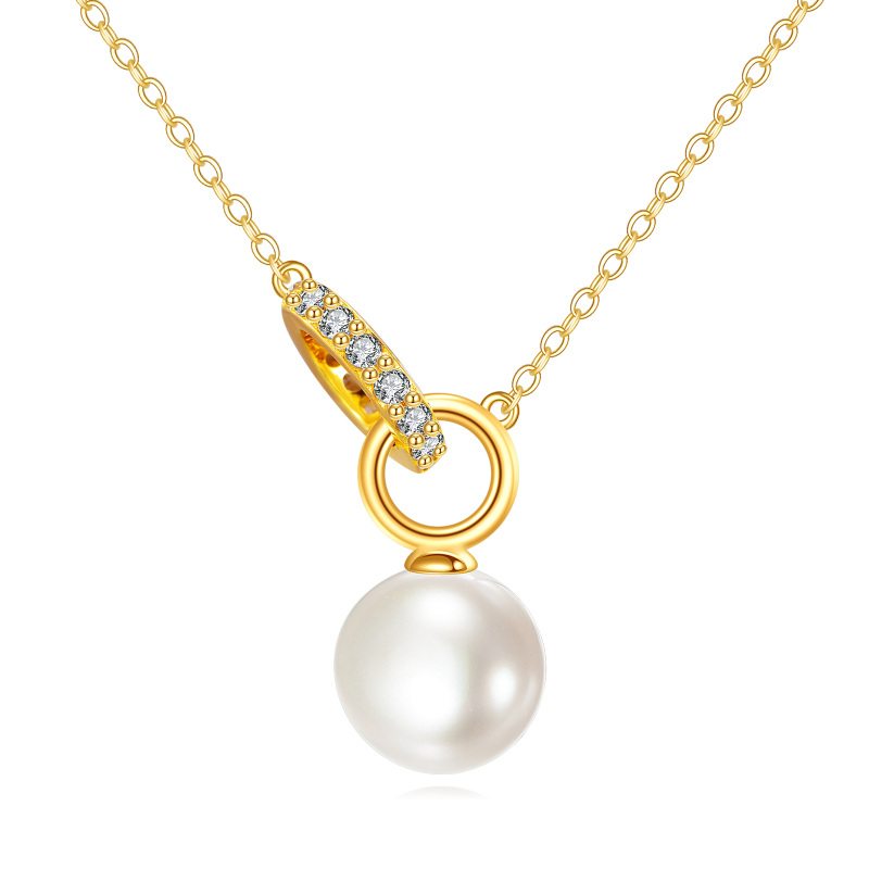 10K Gold Circular Shaped Cubic Zirconia & Pearl Bead Pendant Necklace-3