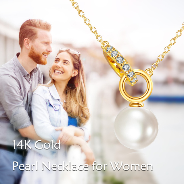 10K Gold Circular Shaped Cubic Zirconia & Pearl Bead Pendant Necklace-6