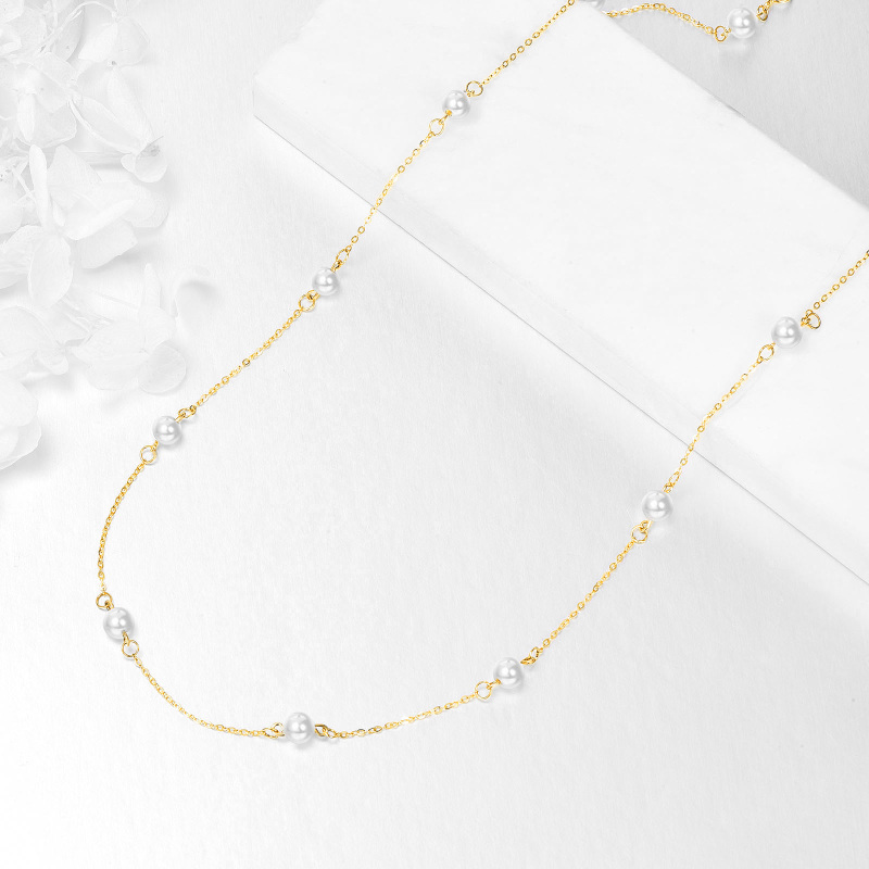 14K Gold Circular Shaped Pearl Bead Bead Station chain Necklace-4