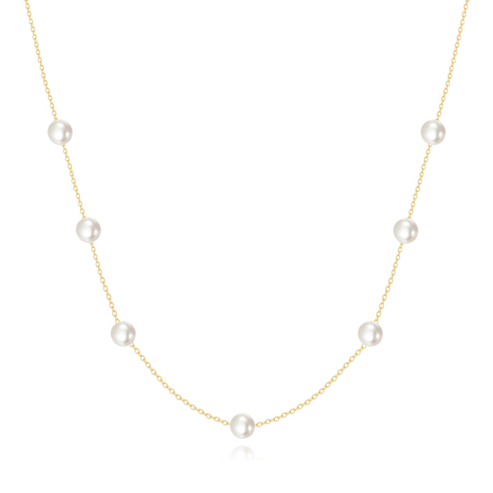 10K Gold Circular Pearl Bead Station Chain Necklace For Women Best Friends-1