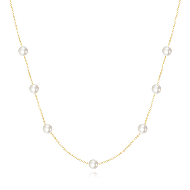 14K Gold Circular Shaped Pearl Bead Bead Station chain Necklace-1