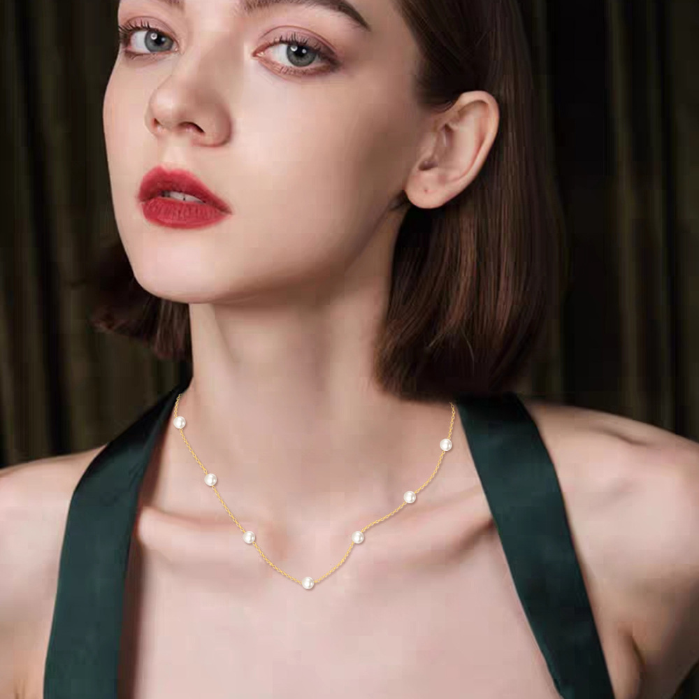 10K Gold Circular Pearl Bead Station Chain Necklace For Women Best Friends-2