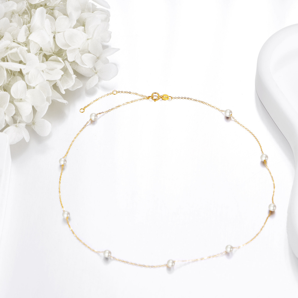 10K Gold Circular Pearl Bead Station Chain Necklace For Women Best Friends-3