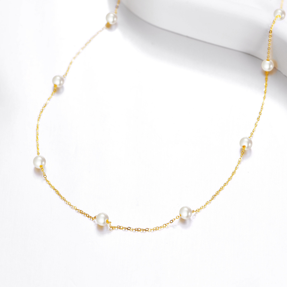 10K Gold Circular Pearl Bead Station Chain Necklace For Women Best Friends-4