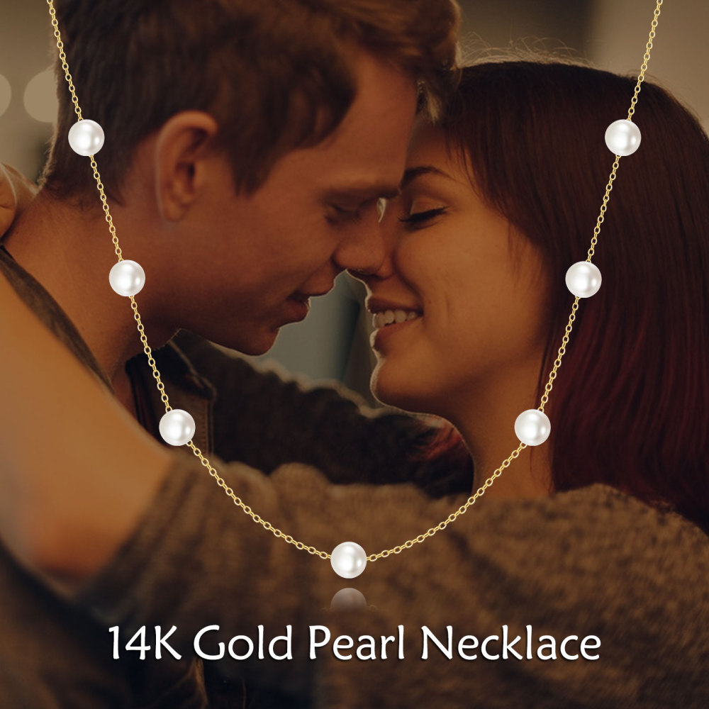 10K Gold Circular Pearl Bead Station Chain Necklace For Women Best Friends-6