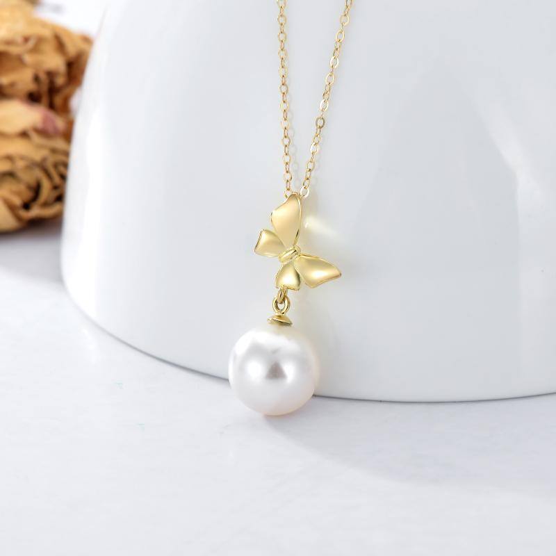 10K Gold Circular Shaped Pearl Bow Pendant Necklace-3